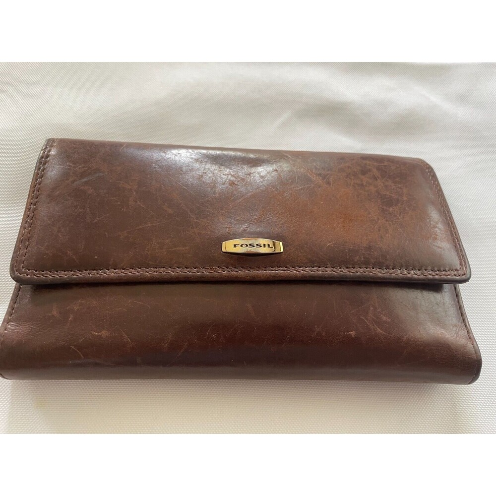 Fossil Genuine Leather Trifold Wallet Checkbook Credit card slot Brown zip VTG